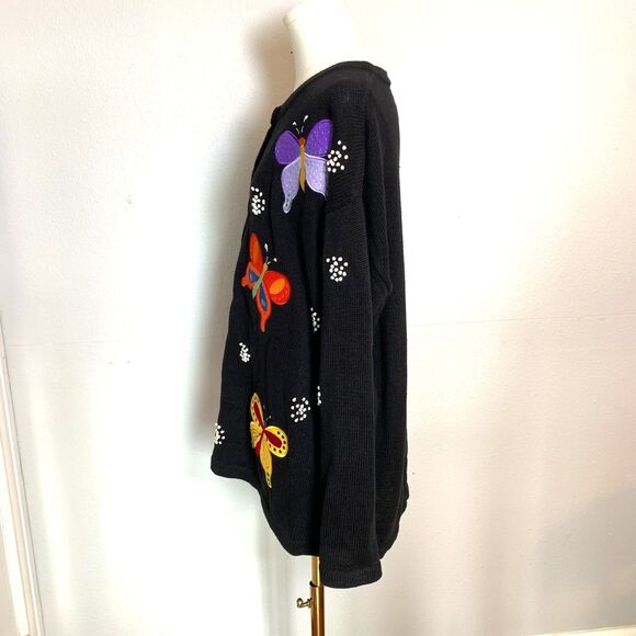 The Quacker Factory Women's 1X Button Up Cardigan Black w/ Butterflies - Picture 11 of 13